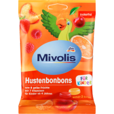 （15元/包）Mivolis儿童水果味无糖润喉止咳糖，天然植物提取，缓解咳嗽喉咙不适，含8种维生素，无添加75g*20包