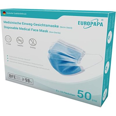 （20元/盒）（德国直邮）欧标医疗IIR型 TÜV CE认证医用外科一次性口罩细菌病毒滤过率>98%（蓝色），50只/盒*6盒